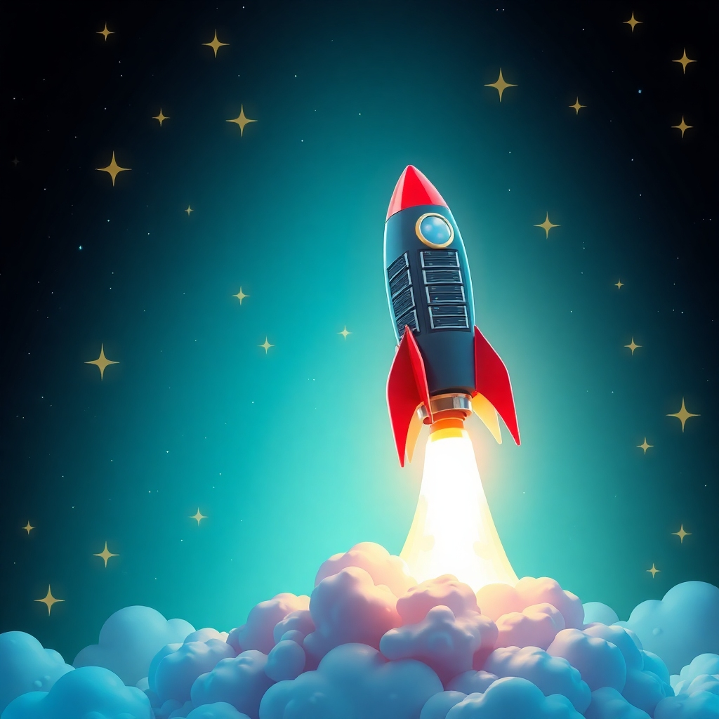 A stylized image depicting a rocket launching into space, representing application deployment.  The rocket could be constructed from interconnected servers or code modules. The space background should be filled with stars representing cloud services. The image should use vibrant, energetic colors, suggesting speed and progress. The lighting should be dynamic, highlighting the upward movement of the rocket. The overall style should be photorealistic with some artistic touches that emphasize the concept of deploying an application seamlessly into the cloud. The image should convey a sense of speed, accomplishment, and success.