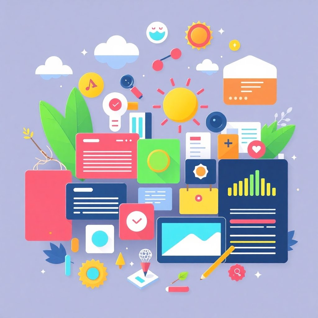 A stylized image depicting various design elements and user interface elements coming together in a visually appealing composition.