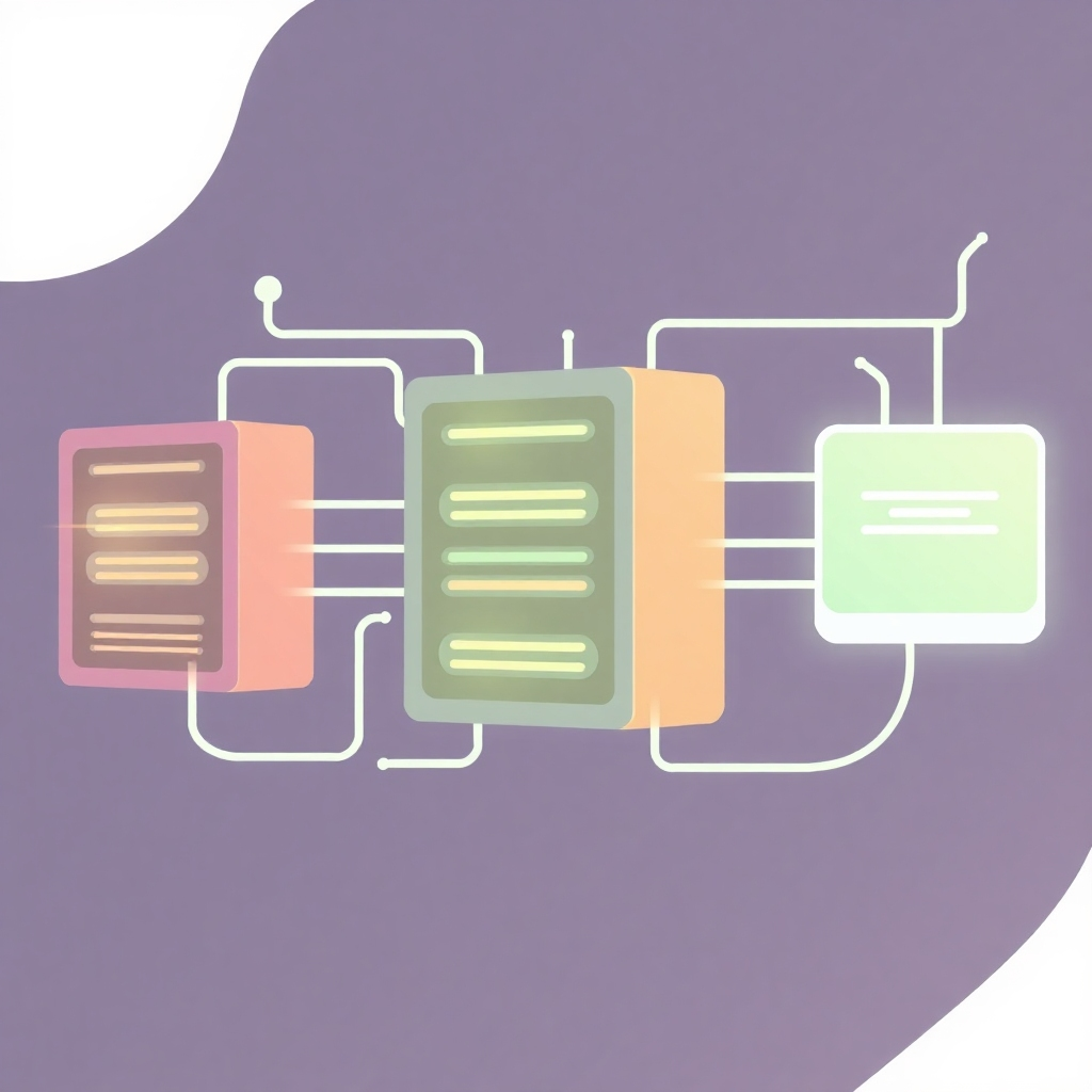 A stylized image of interconnected servers with data flowing between them, representing a complex yet efficient backend system. Bright, clean, modern aesthetic.