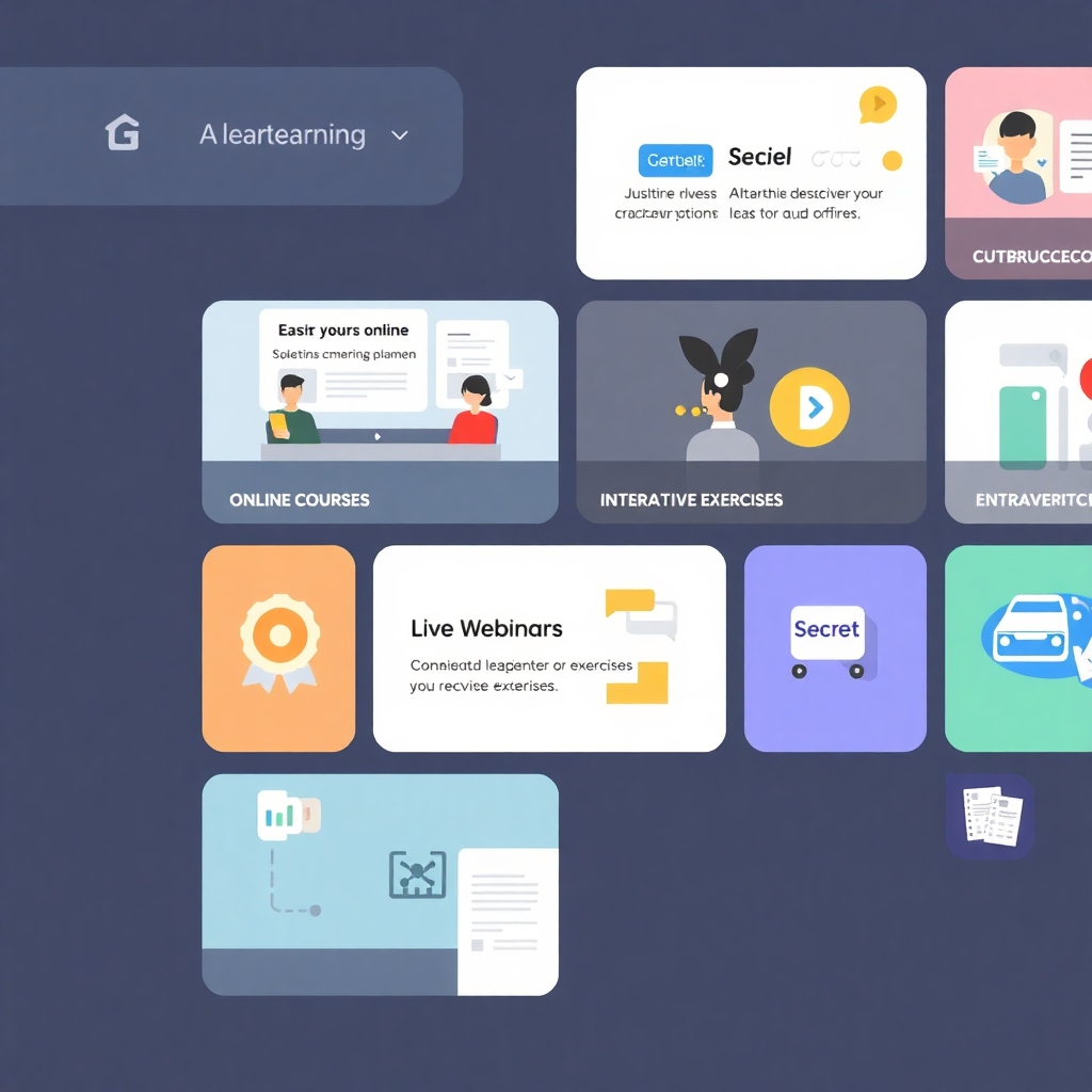 A stylized image of various learning options, such as online course modules, live webinars, and interactive exercises, displayed in a user-friendly interface. The image should have a resolution of 1920x1080 pixels.
