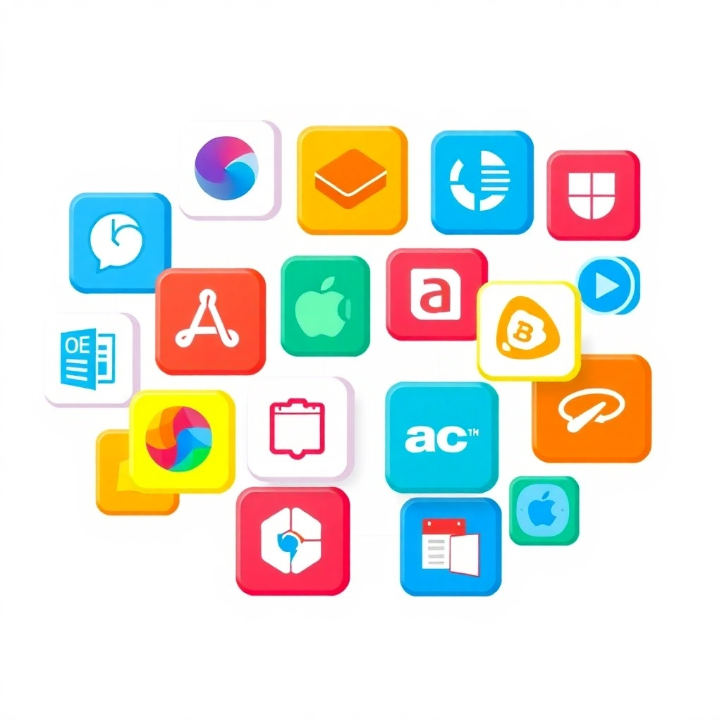 A stylized image of various software applications icons interconnected, symbolizing our wide range of training options. Use bright colors and a modern design to capture attention.