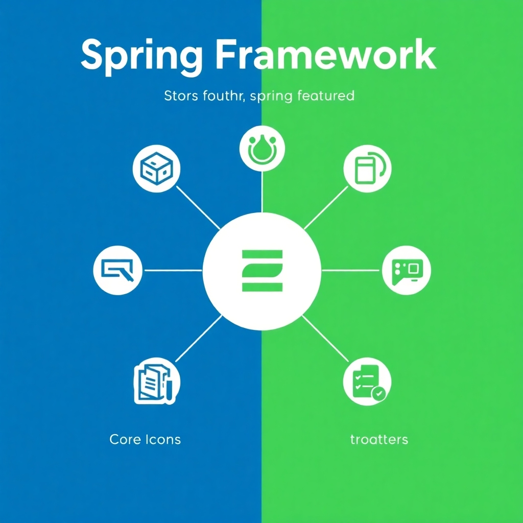 A stylized image representing Spring Framework's core features with clean icons and a color palette that evokes a sense of modern technology and efficiency. The style should aim for a minimalist and modern feel.