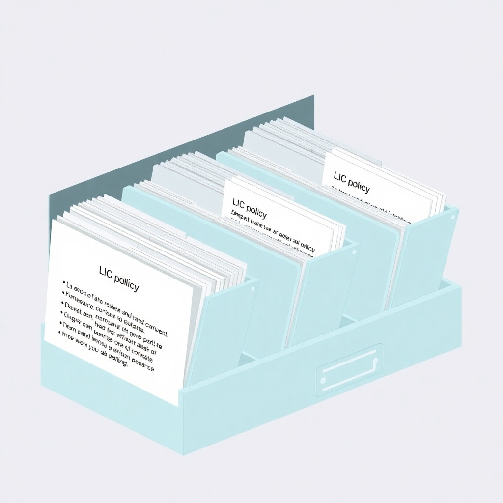 A stylized image representing a well-organized digital filing cabinet. Each file contains a client's LIC policy details and is easily accessible. Style references: modern digital organization systems, streamlined file management. Visuals should reflect ease of access and efficient organization.