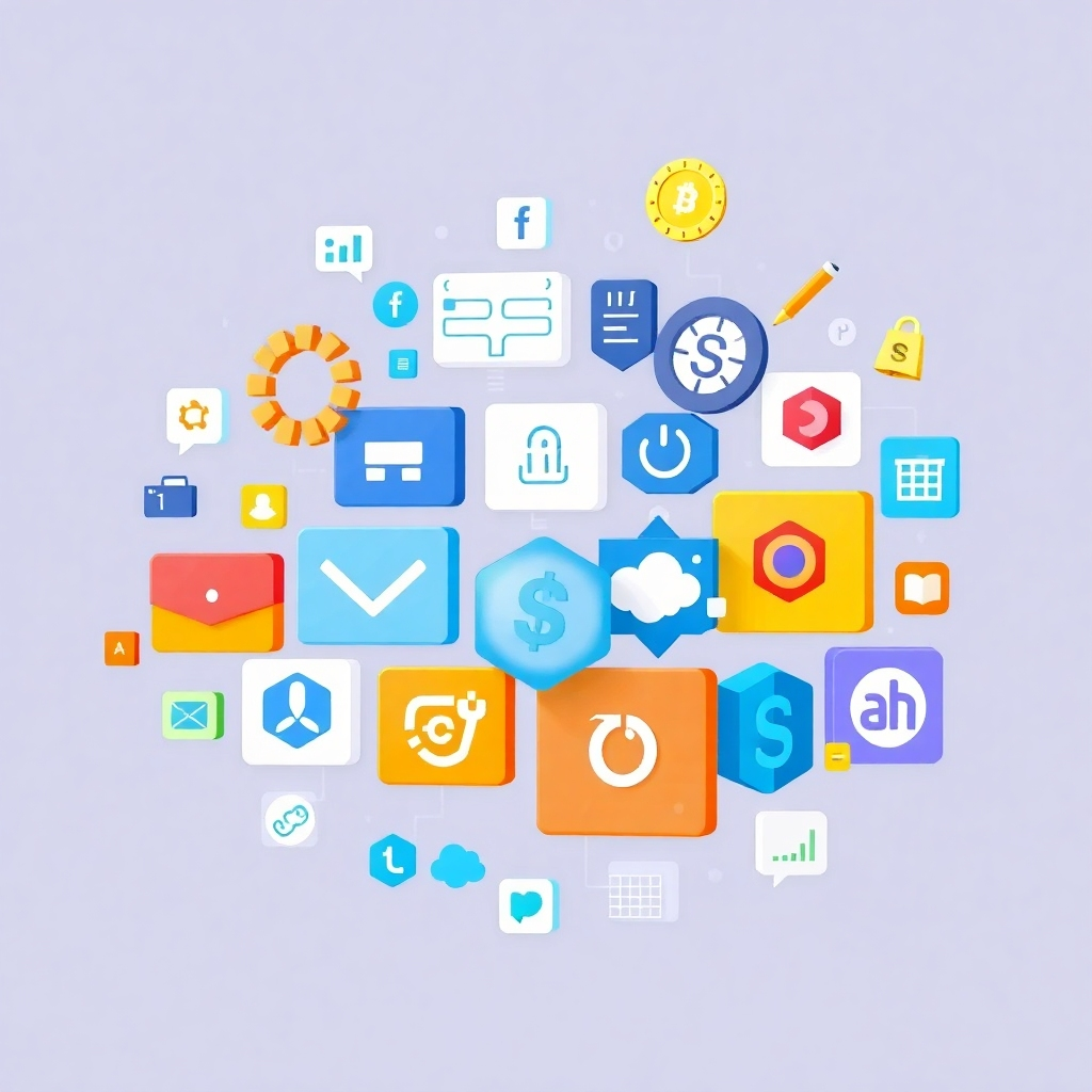 A stylized image showcasing various software icons and symbols arranged dynamically, representing the breadth of software skills and specializations offered. The overall composition should be visually engaging and communicate the diversity of learning opportunities. Employ bright, modern colors and a clean aesthetic.