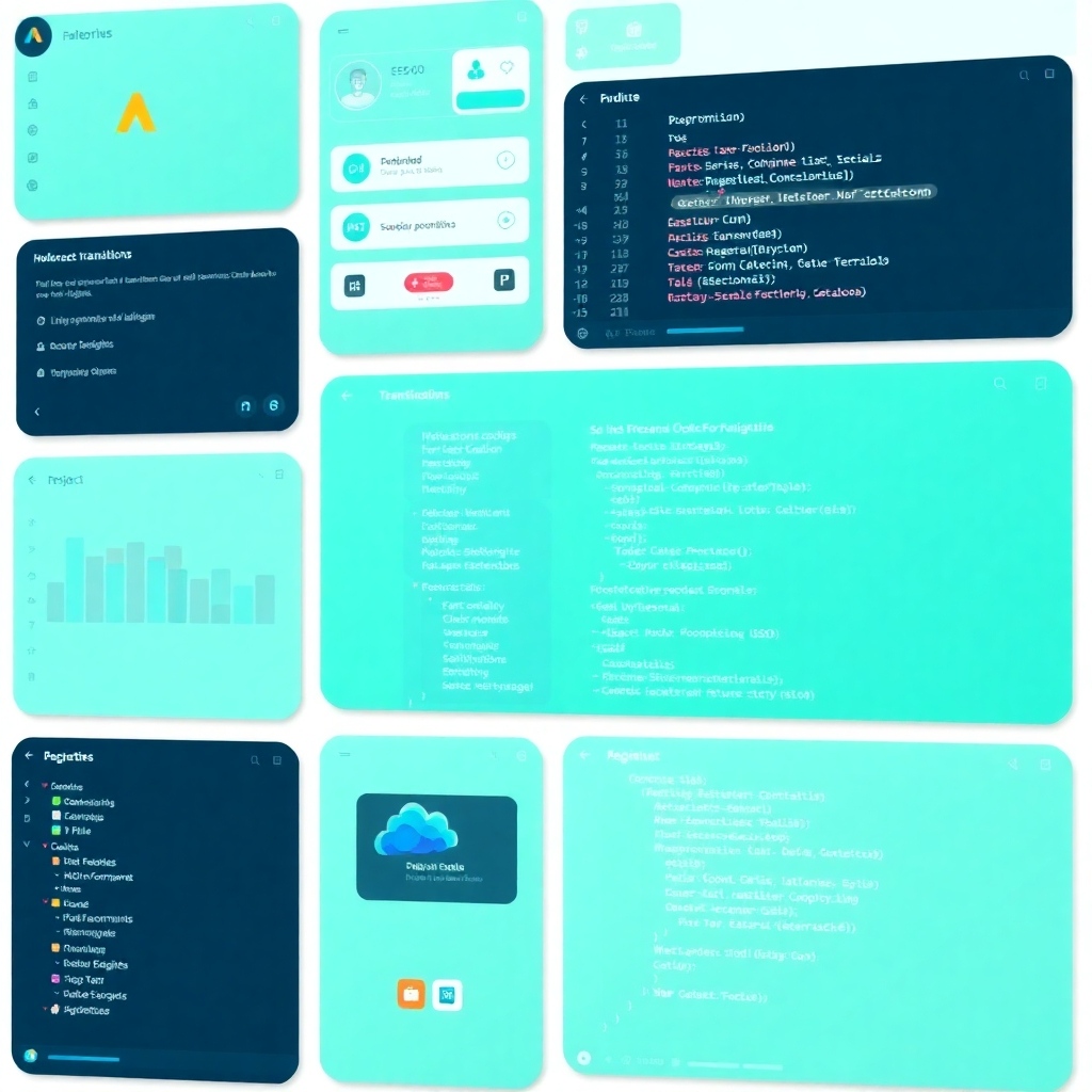 A vivid image showcasing various user interface elements, showcasing seamless transitions, intuitive design, and clean code. Focus on realistic textures and high-quality visuals.
