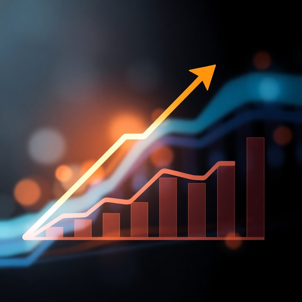 Abstract image showing an upward trend graph and an increase in productivity metrics. The image should communicate the benefits of increased productivity and efficiency. Style references: business growth visualizations, productivity data. The image should visually convey productivity increases, complementing the description.