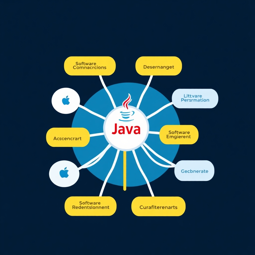 An illustration or stylized image with multiple pathways branching from a central "Java" node, leading to different career designations (Software Engineer, Web Developer, etc.). Use bright colours and a modern, clean design.