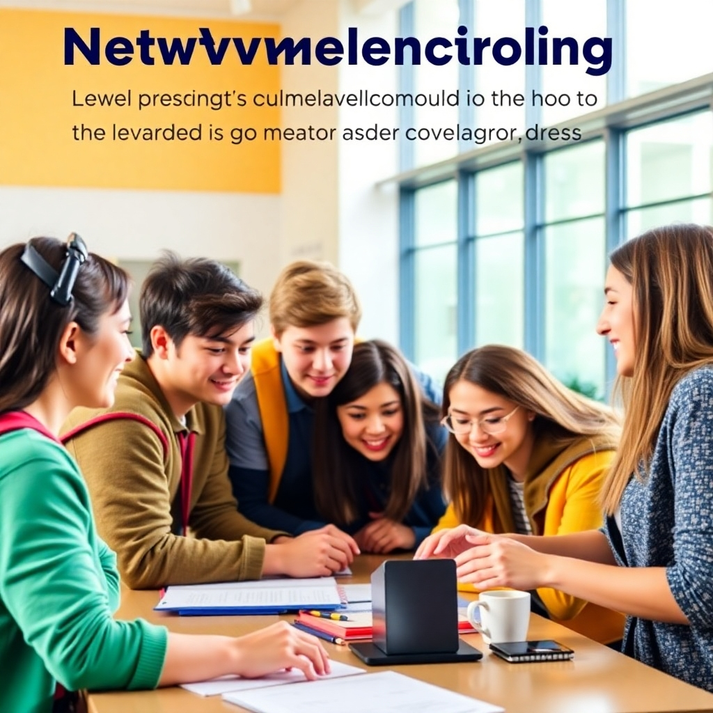 An image depicting students collaborating on a project, showcasing the sense of community and networking opportunities. Use bright and lively colors to portray a collaborative atmosphere.