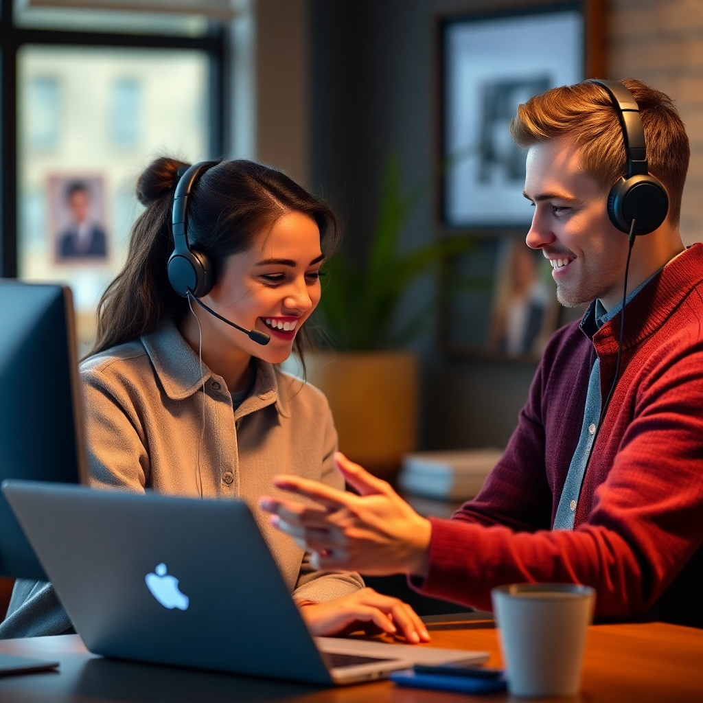An image of a friendly support team member helping a student with a software problem. The image should have a resolution of 1920x1080 pixels and a warm, inviting atmosphere. The style should be friendly and approachable.
