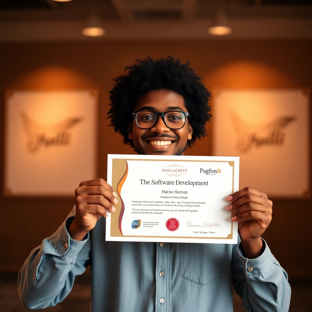 An image of a person proudly holding up a software development certification. The image should have a resolution of 1920x1080 pixels, with a warm color palette and soft lighting. The style should be aspirational and motivational.