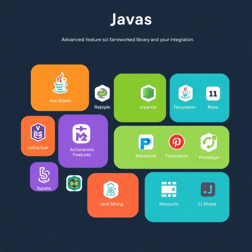 An image showcasing different Java libraries and frameworks with their icons, in a visually appealing and well-organized layout, focusing on advanced features and their integration.