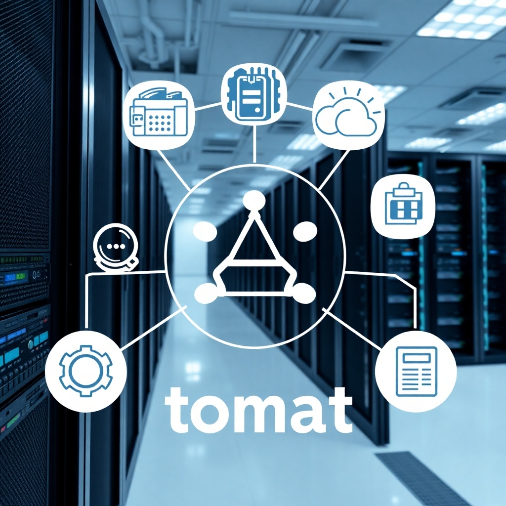 An image showing a modern, sophisticated data center with server racks and networking equipment, overlaid with icons and text that symbolize automation and efficiency.