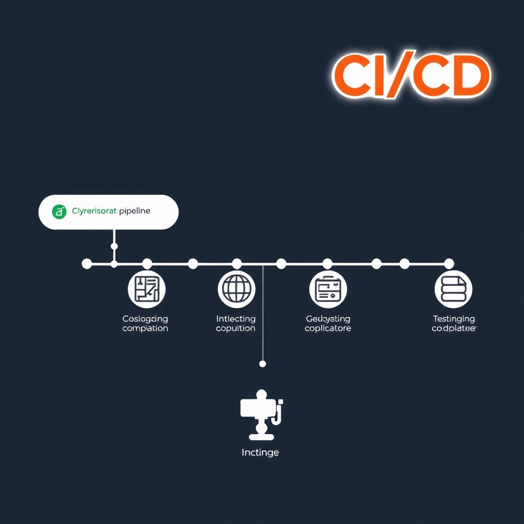 An infographic showing a streamlined CI/CD pipeline, with icons depicting stages like code compilation, testing, and deployment. Use a clear and concise visual language.