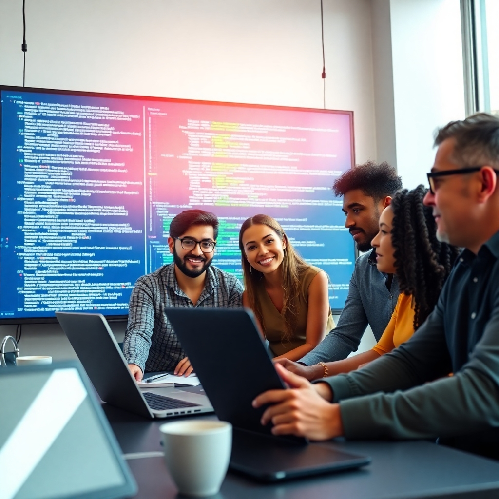 Create a 4K photorealistic image depicting a collaborative coding environment. Show diverse people working together on a large screen displaying clean, well-structured code.  Include elements subtly suggesting Java, Spring, and databases.  The lighting should be natural and bright, creating a positive and energetic atmosphere. The color palette should be modern and tech-focused, using blues, greens, and whites.  The image should be high-quality and sharp, focusing on the people's expressions and the collaborative spirit. The overall composition should be clean and uncluttered, using a shallow depth of field to keep the focus on the team and their work.  The style should be photorealistic with a slightly cinematic feel. Use props like laptops and coffee cups subtly placed in the background.  The image should convey a sense of team work, focus and professional growth.