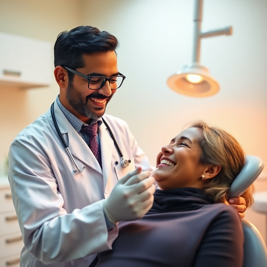 Create a 4K photorealistic image portraying Dr. Prashanth Marka in a positive light. He is examining a patient with care and precision. The patient is relaxed and smiling, indicating trust and satisfaction. The lighting is warm and inviting, highlighting the compassionate nature of the interaction. The environment is a modern, well-equipped dental examination room. The color palette should be comforting and reassuring, using soft yellows, gentle blues, and clean whites. The composition should emphasize the doctor-patient relationship, capturing the dedication and expertise of Dr. Marka. Use a slightly wide angle to include more of the surroundings while maintaining focus on the central interaction. Style: Professional yet approachable, emphasizing patient care and expertise. Ensure high-quality details to convey professionalism and build confidence.