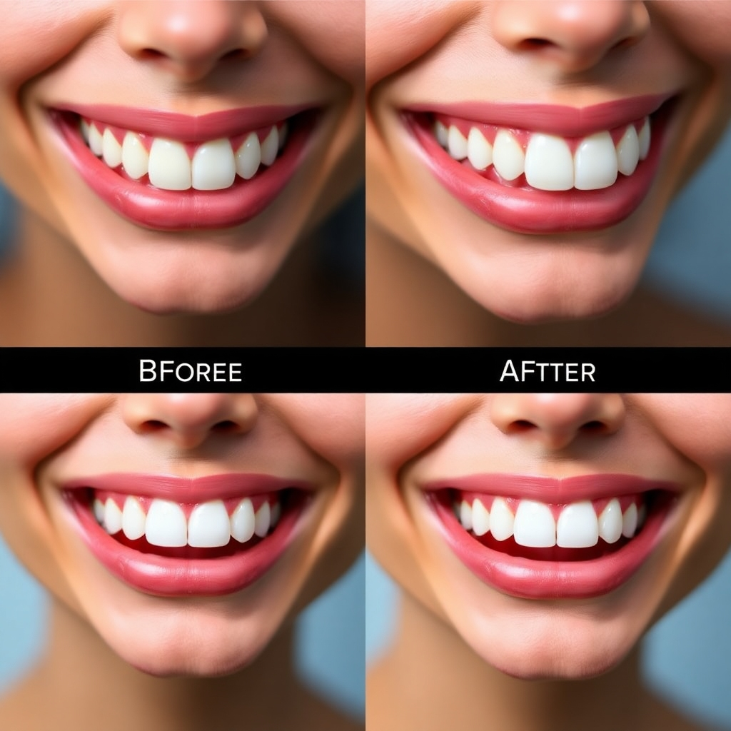 Create a before-and-after image showcasing the transformative effects of cosmetic dentistry. The 'before' image should show a smile with imperfections, while the 'after' image shows a perfectly aligned and radiant smile. Use a split-screen or side-by-side comparison to highlight the differences. The lighting should be consistent in both images. Style: Dramatic and transformative, emphasizing the aesthetic improvements achieved through cosmetic dentistry.