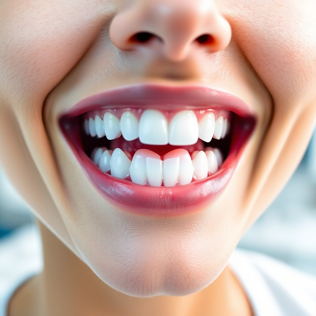 Create a close-up photorealistic image of a person smiling with brilliantly white teeth after a teeth whitening treatment. The focus is on the teeth, highlighting their brightness and sparkle. The background should be softly blurred, with a hint of a dental clinic. Use bright and clean lighting to emphasize the whiteness of the teeth. The color palette should be white, blue and light grey. Style: Bright, clean, and confident, emphasizing the positive effects of teeth whitening.