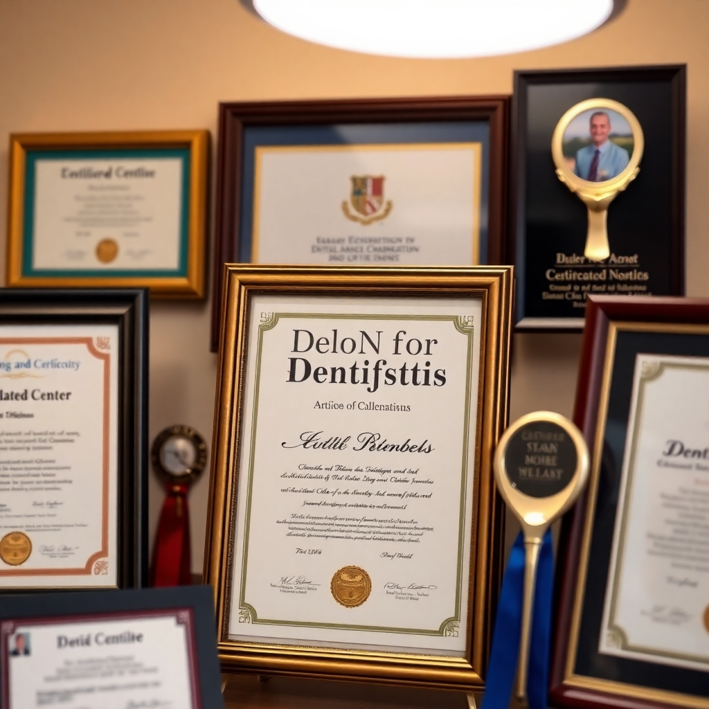 Create a close-up photorealistic image of a dentist's credentials, such as diplomas, certifications, and awards, displayed in a professional setting. The background should be softly blurred, focusing attention on the impressive qualifications. Use warm lighting to highlight the details and convey credibility. Add subtle textures to the documents and frames to enhance realism. The color palette should be authoritative and professional, using gold, silver, and dark wood tones. Style: Trustworthy and authoritative, emphasizing the credentials and expertise of the dental professionals.