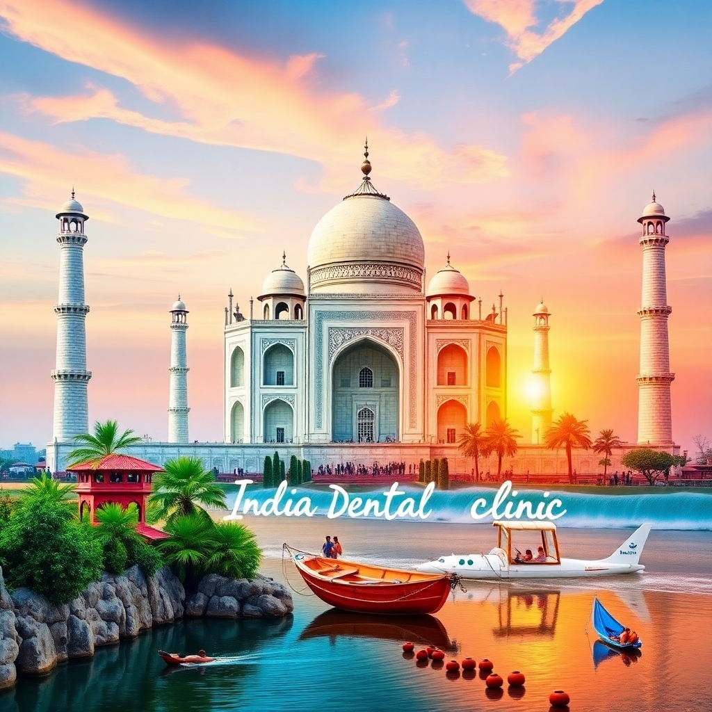 Create a composite image combining a modern dental clinic in India with iconic tourist destinations such as the Taj Mahal or the beaches of Goa. The image should convey the idea of combining dental treatment with travel and leisure. Use a vibrant and colorful color palette to capture the energy and excitement of India. Add subtle elements to represent both the dental clinic and the tourist attractions. Style: Enticing and aspirational, emphasizing the benefits of dental tourism in India.