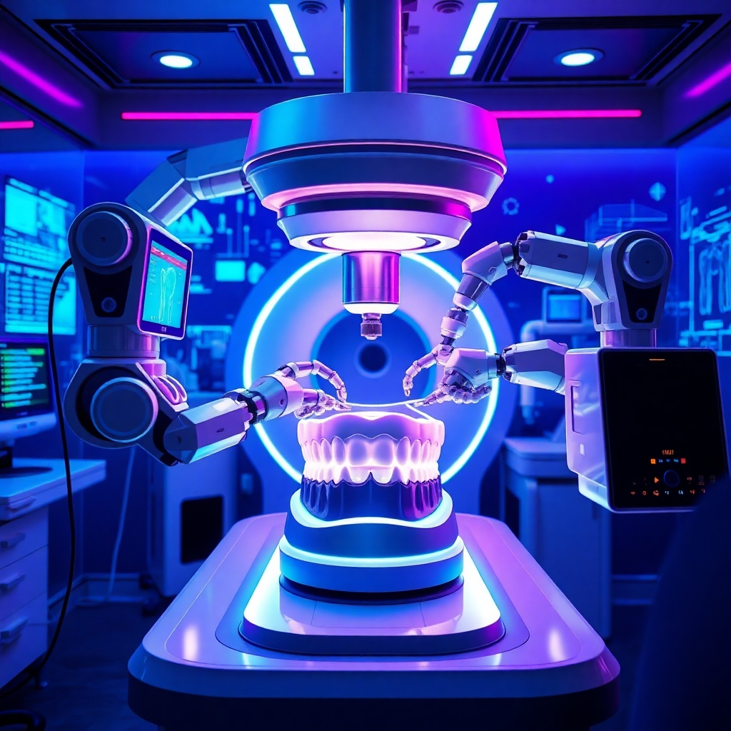  Create a futuristic, stylized image featuring advanced dental technology in an Indian clinic. The focal point is a high-tech dental scanner with holographic displays and robotic arms assisting in a procedure. The lighting should be dynamic and vibrant, with neon accents highlighting the cutting-edge technology. The color palette should be futuristic and modern, incorporating cool blues, purples, and silvers. The composition should emphasize the sophistication and precision of the equipment. The background can include abstract representations of dental data and algorithms. Style: Modern, futuristic, and technologically advanced, with a focus on showcasing innovation and precision.