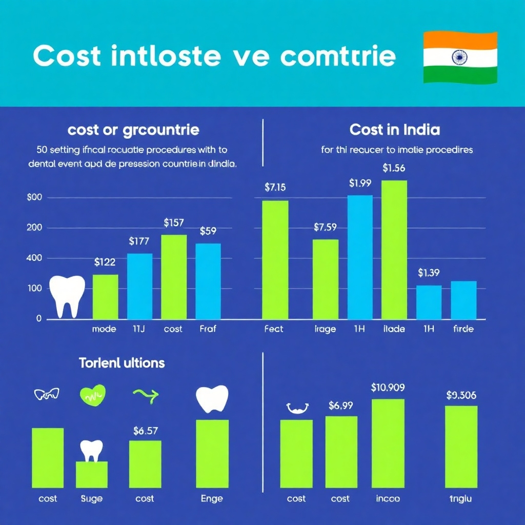 Create a graphic illustration comparing the cost of dental procedures in India versus other countries. The illustration should be visually appealing and easy to understand, using bar graphs and icons to represent different procedures and prices. Use a color palette of greens to indicate savings and blues to represent costs. Add subtle animations to highlight the price differences. Style: Informative and persuasive, emphasizing the cost savings of dental tourism in India.