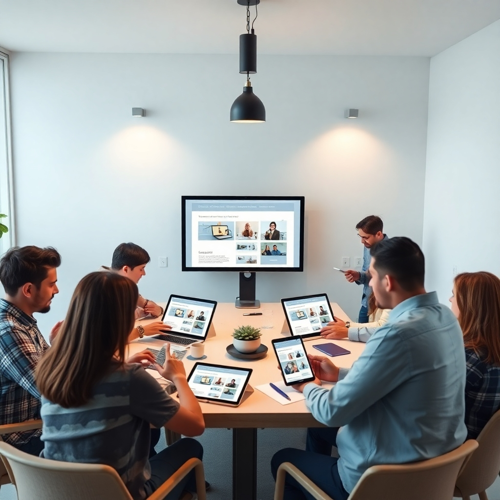 Create a photorealistic 4K image of a team brainstorming around a table with several digital devices displaying website mockups and other related designs. The mood should be collaborative and energized.