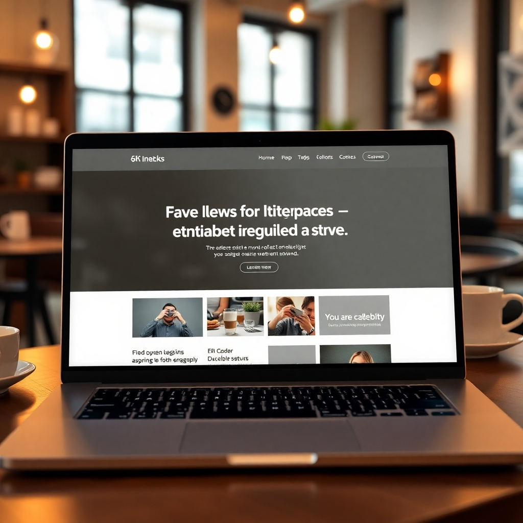 Create a photorealistic 4K image depicting a clean, modern website design on a high-end laptop screen. The website should feature elegant typography, high-quality images, and a user-friendly layout. The surrounding environment should include a coffee shop with a warm, inviting atmosphere. The style should be minimal and professional.