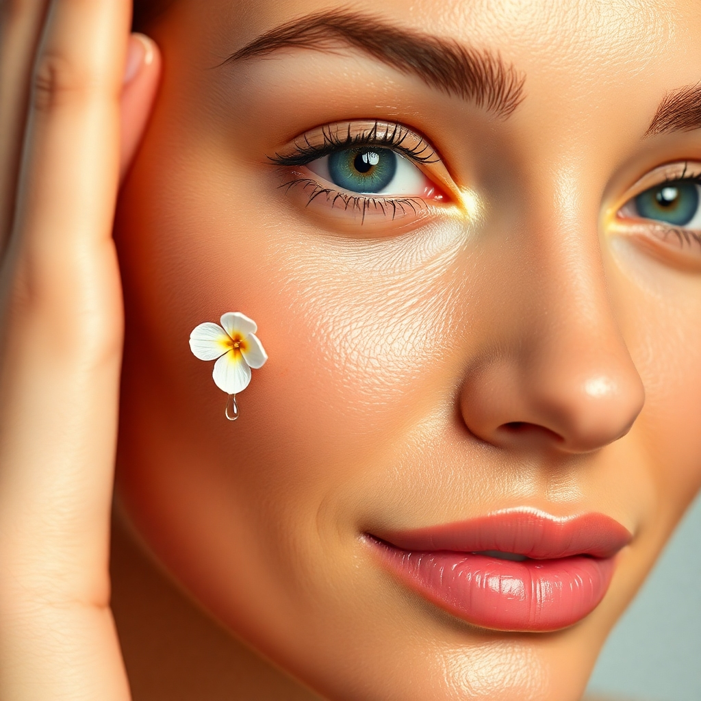 Create a photorealistic 4K image depicting a close-up of a woman's face, showcasing healthy, glowing skin. The lighting should be soft and even, highlighting the natural beauty of the skin's texture and tone. The color palette should be natural and vibrant, emphasizing healthy skin radiance. The camera angle should be a close-up, focusing on the details of the skin's texture. The overall style should be clean and modern, with a focus on natural beauty. Relevant props could include a single, delicate flower or a drop of essential oil, subtly placed to enhance the visual appeal. The image should convey a sense of well-being and natural beauty.