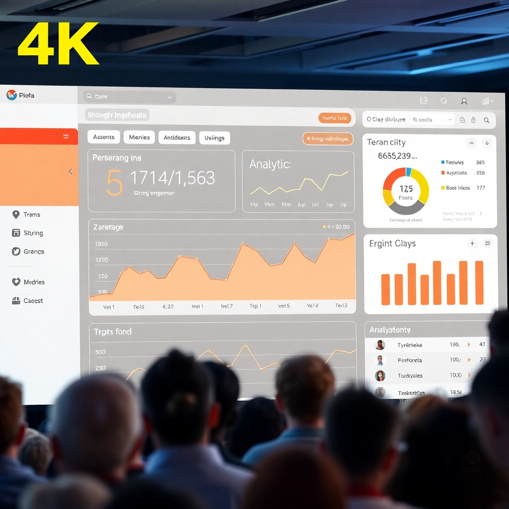 Create a photorealistic 4K image of a social media dashboard, showcasing strong engagement and positive analytics. The background should hint at a diverse audience.