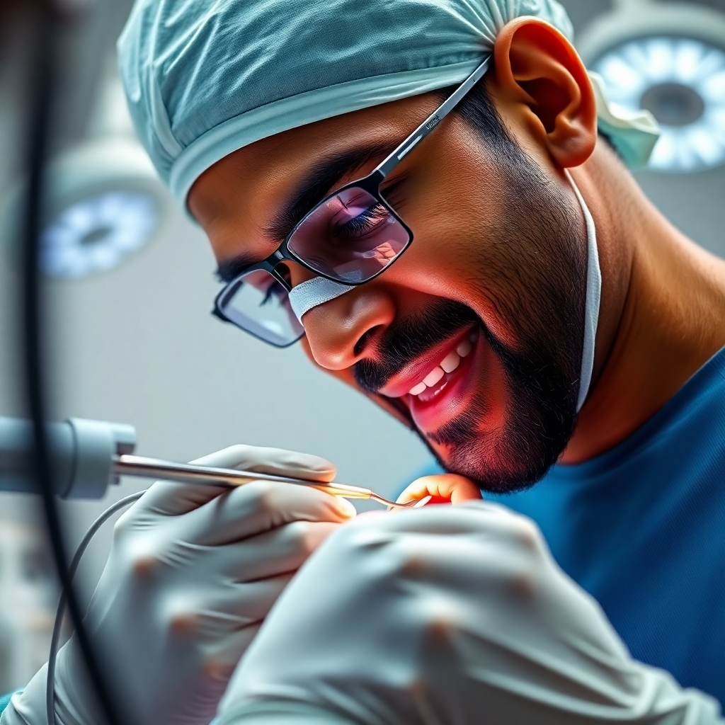  Create a photorealistic image of a skilled Indian dentist meticulously performing a complex dental procedure. The scene is a brightly lit operating room, showcasing cutting-edge dental technology. The dentist is wearing surgical attire and focusing intently on the patient's mouth. The image should convey precision, expertise, and attention to detail. The color palette should be clean and sterile, with hints of metallic sheen from the equipment. Use a macro lens to capture the intricate details of the procedure. Lighting is crucial for highlighting the textures and ensuring clarity. The composition should be balanced and professional, focusing on the dentist's hands and the patient's teeth. Style: Technical and precise, with an emphasis on demonstrating expertise and skill.