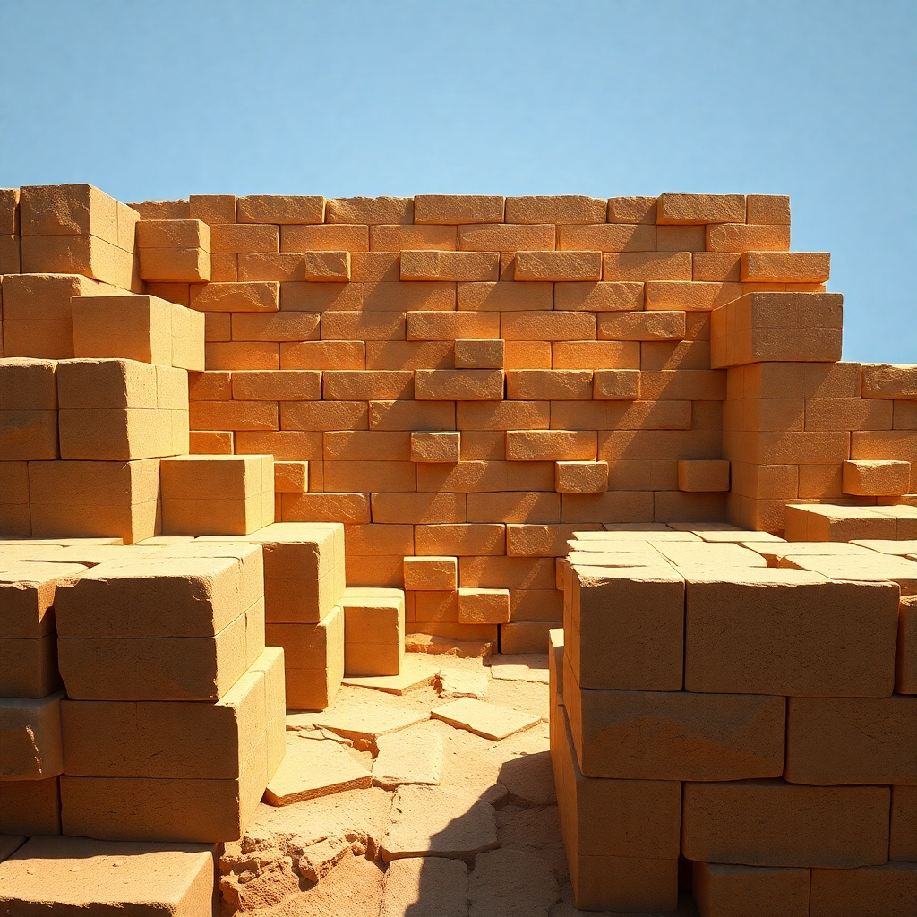 Create a photorealistic image depicting a strong foundation made of interconnected blocks representing core Java programming concepts such as data structures, algorithms, and object-oriented principles. Each block should have a subtle code snippet or icon on it. The lighting should be bright and clear, with strong shadows highlighting the architectural nature of the foundation. The overall color scheme should be earth tones, suggesting solidity and strength. The image should be highly detailed and realistic, giving a sense of depth and complexity. The style should evoke a building-construction theme, showcasing the solid base for future development.