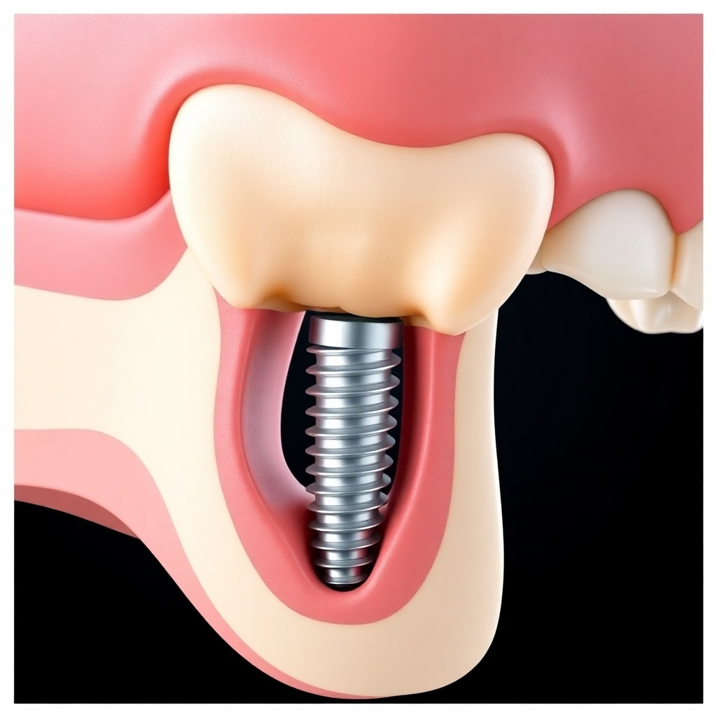 Create a photorealistic image illustrating the process of dental implant placement. Show a cross-section of the jawbone with a dental implant securely anchored in place. The surrounding tissue should be healthy and well-integrated. Use a color palette of natural pinks and browns to represent the gum tissue and bone. The implant itself should be made of titanium or a similar biocompatible material. Style: Technical and informative, emphasizing the functionality and durability of dental implants.