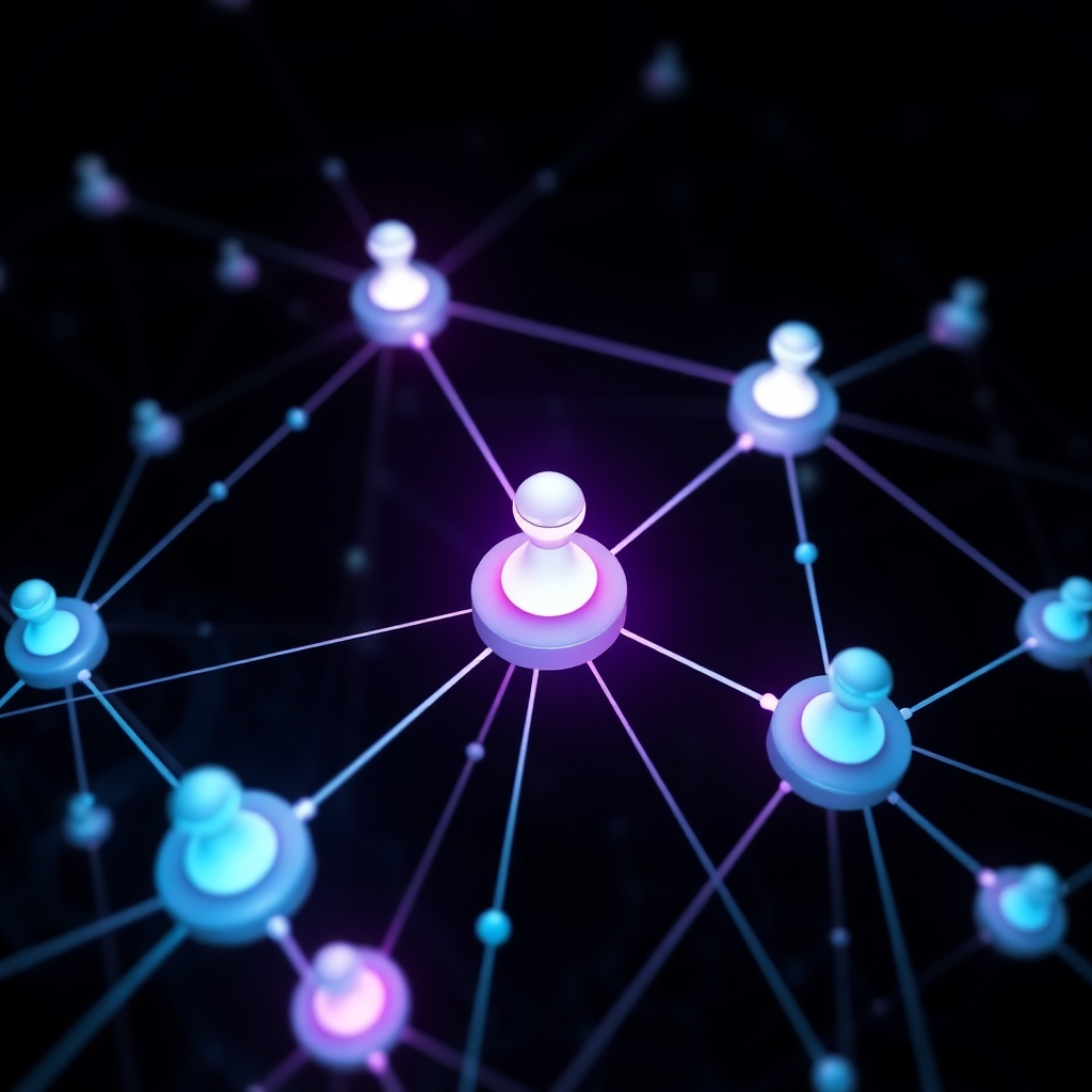 Create a photorealistic or stylized 4K image for Web Works Mart's About Us section. The image should showcase a network of interconnected nodes, representing websites, chatbots, social media platforms, and other online elements. The nodes should have a sleek, modern design and vary in size and color, symbolizing diversity and connectivity. The background should be a dark, abstract pattern that evokes the complexities of the digital world. The lighting should be subtle and atmospheric, highlighting the network's interconnectedness. The color palette should include deep blues, purples, and greens to create a sense of depth and sophistication. The camera angle should be from above, allowing a comprehensive view of the network. The image should be rendered in high detail, showcasing sharp lines, soft gradients, and subtle textural elements.  Style references can be found in abstract network visualizations and technological illustrations. The overall image should convey a message of connectivity, collaboration, and seamless integration in the digital landscape.