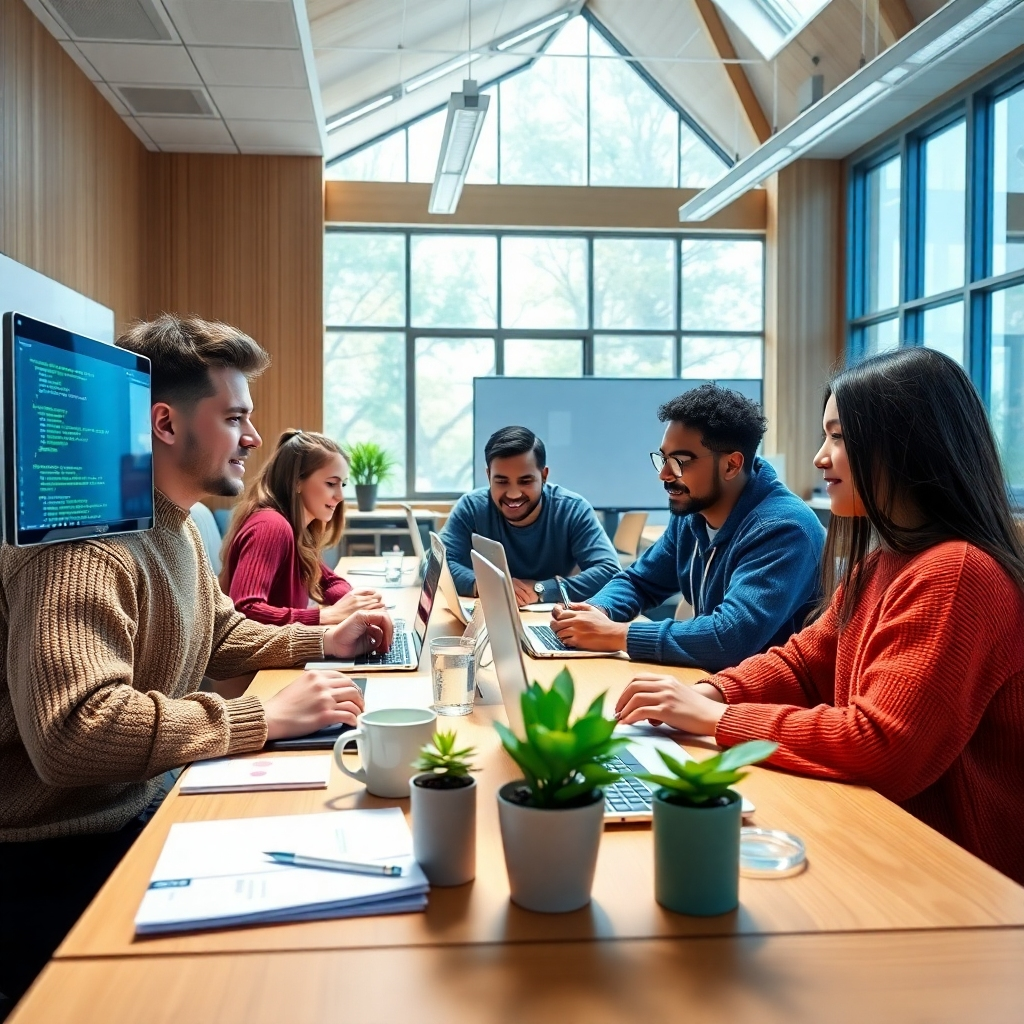 Create a photorealistic, ultra-high-quality 8K resolution image depicting a diverse group of students collaborating on a software project.  The scene should be set in a bright, modern, and spacious classroom, bathed in soft natural light streaming through large windows.  The color palette should be warm and inviting, featuring natural wood tones, pops of vibrant blues and greens, and metallic accents.  The students should appear engaged and enthusiastic, with laptops and coding monitors displaying clean, functional code snippets.  The composition should be dynamic and visually appealing, using leading lines to draw the eye towards the students.  Focus on realistic textures—the soft texture of the sweaters, the sleek surface of the laptops, the subtle grain of the wooden desks. Include relevant props such as coffee cups, plants, whiteboard with coding examples, and software manuals.  The camera angle should be slightly elevated, capturing the students in a natural and approachable manner.  The style should evoke a sense of innovation, collaboration, and success, similar to high-quality promotional images for educational technology companies.  Aim for a hyperrealistic rendering, showcasing detailed textures and realistic lighting effects.