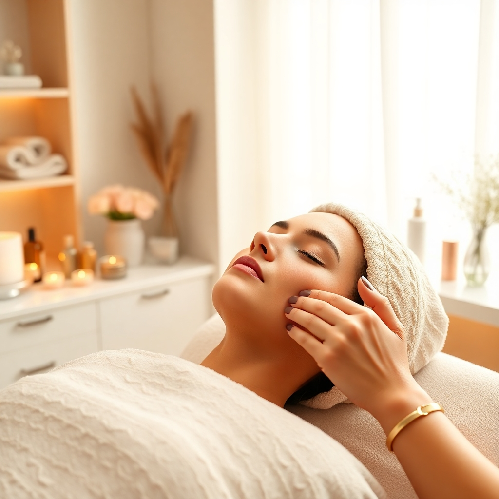Create a photorealistic, ultra-high-quality 8K resolution image depicting a serene beauty parlour interior. The scene should focus on a client comfortably seated, receiving a luxurious facial treatment. The lighting should be soft and natural, with warm, inviting tones. The color palette should consist of calming pastels and earthy neutrals, with accents of gold and rose gold to convey luxury. The camera angle should be slightly elevated, offering a view of the client's relaxed expression and the skilled therapist's hands at work. Textures should be rich and detailed – soft towels, smooth skin, the polished surfaces of beauty tools. The environment should be clean, modern, and minimalist, promoting a feeling of tranquility. Relevant props could include essential oils, aromatic candles, and high-end skincare products. The overall style should reference high-end spa and wellness imagery, evoking sophistication and calmness. The image should be hyperrealistic, with meticulous detail and a high level of visual fidelity. The image should embody the essence of relaxation, rejuvenation, and self-care.