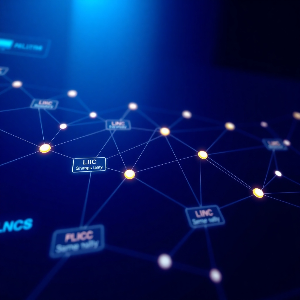 Create a stylized 4K image depicting a futuristic dashboard. The dashboard displays a network of interconnected nodes, each representing a client's LIC policy. Lines connecting nodes illustrate the relationship between policies, and a clean aesthetic underscores efficiency. Color scheme: dark blue background with bright, contrasting colors for nodes, and a modern, high-tech look and feel. Camera angle: slightly elevated view, and texture details are sleek, smooth, and reflective, possibly including slight glowing effects. Style references: modern technology interfaces, data visualization, financial market dashboards. The image must complement the "About Us" section by visually symbolizing "pull all the life insurance policies of Life Insurance Corporation of India. Website is for a sales agent who sells life insurance products of LIC of India."