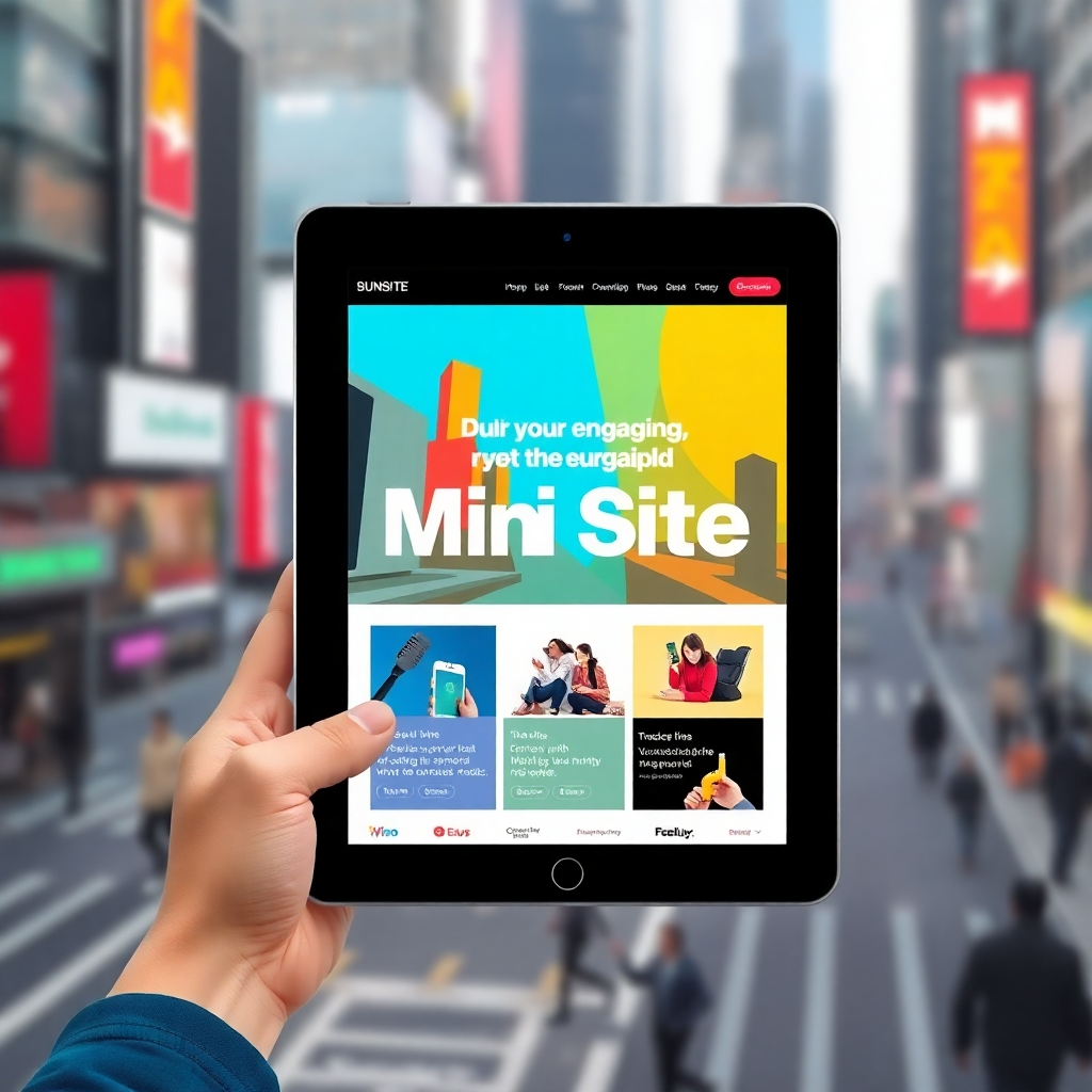 Create a stylized 4K image of a tablet displaying a vibrant, engaging minisite. The visuals should be clean, modern and feature a strong call to action. The background should hint at a bustling cityscape, contrasting with the contained focus of the tablet and minisite.