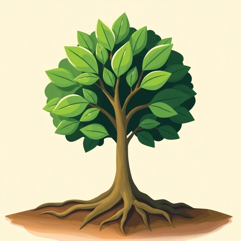 Create a stylized 4K image representing a LIC advisor. The image should feature a stylized, slightly abstract representation of a growing tree with its roots firmly planted. The tree's leaves should represent growth and financial security. The color palette should be predominantly green and brown, symbolizing nature and stability. The lighting should be soft and warm, enhancing the image's positive feel. The image should have a slightly painterly texture. The camera angle should be a slightly elevated perspective. Relevant props could include subtle elements implying financial growth and protection. This image should convey the idea of long-term financial planning and the security provided by LIC plans. The overall style should evoke feelings of growth, security, and stability.