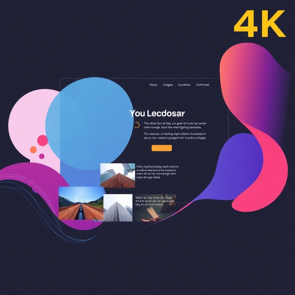 Create a stylized 4K image showing a website design slowly coming together. Use abstract shapes and colors, symbolizing the creative process, with snippets of high-quality images showing within the design.