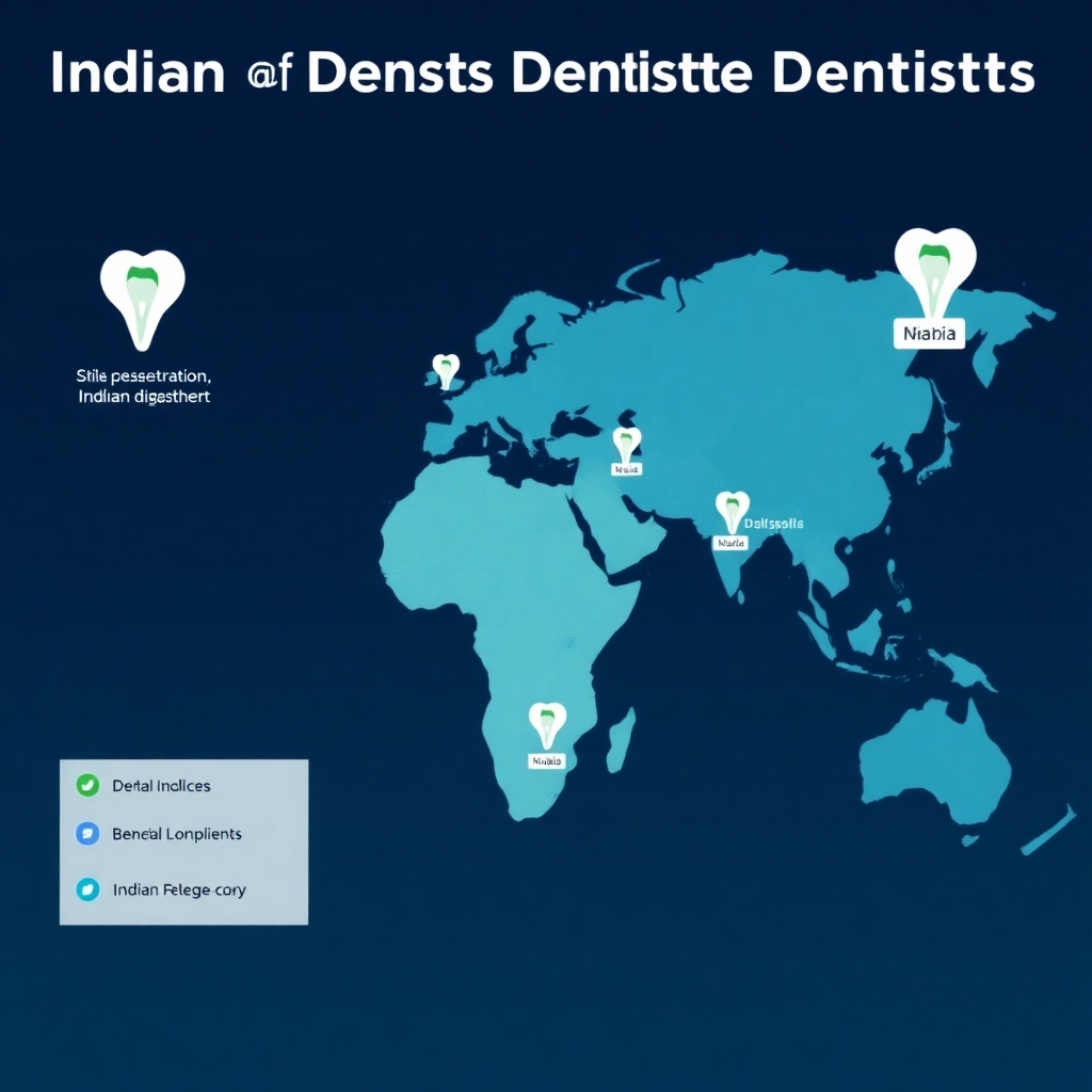 Create a stylized image of a world map highlighting locations with high concentrations of skilled Indian dentists. The map should be rendered in a modern and clean style, with subtle animations indicating the locations of dental professionals. Use a color palette of blues, greens, and whites to convey trustworthiness and accessibility. Add icons representing dental services to indicate the areas of expertise of the featured dentists. Style: Informative and visually appealing, showcasing the global network of Indian dental professionals.