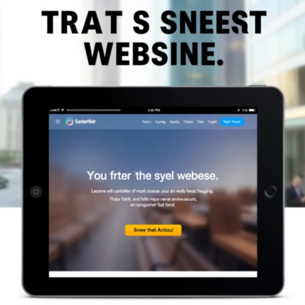 Create a stylized image showing a small, sleek website on a tablet, clean and modern, with a compelling call to action. The background is a slightly blurred city landscape. The style should be minimal and professional.