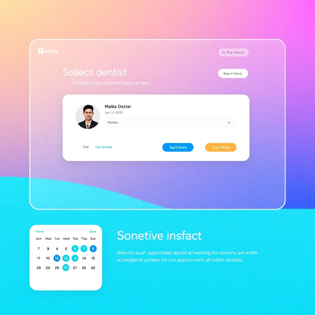 Create a user-friendly interface showcasing an online appointment scheduling system. The interface should be clean, intuitive, and visually appealing, with clear options for selecting a dentist, date, and time. Use a color palette of blues and greens to convey calmness and efficiency. Include a calendar display and interactive elements to enhance usability. Style: Modern and convenient, emphasizing the ease of scheduling appointments with Indian dentists.
