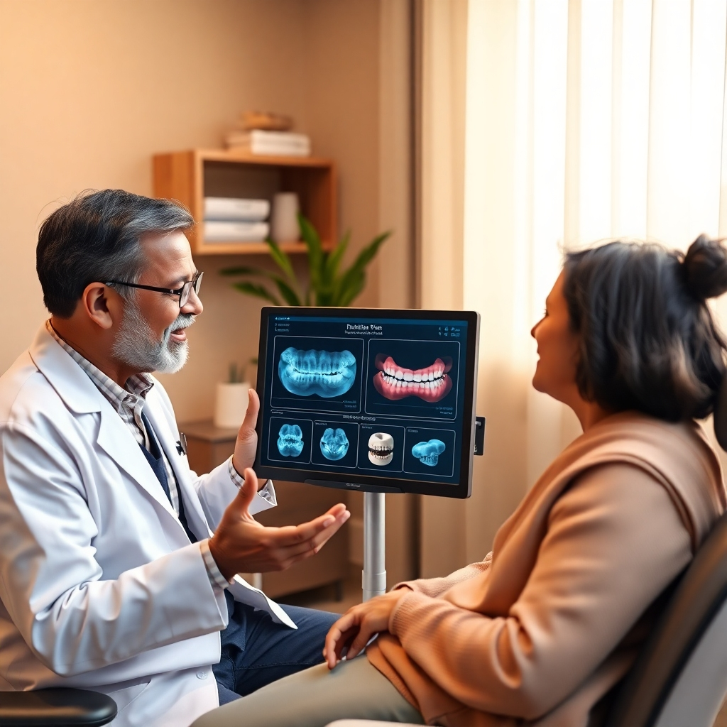  Create a warm and inviting photorealistic image of an Indian dentist discussing a personalized treatment plan with a patient. The scene is a comfortable consultation room with soft lighting and a welcoming atmosphere. The dentist is explaining the treatment plan using a digital display showing X-rays and 3D models of the patient's teeth. The patient is engaged and asking questions. The color palette should be warm and comforting, using earthy tones and soft lighting. The composition should emphasize the communication and trust between the dentist and patient. Style: Empathetic and informative, focusing on the personalized approach to dental care.