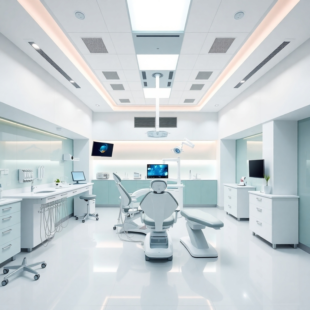 Create a wide-angle photorealistic image of a modern dental clinic in India, showcasing advanced equipment, spacious interiors, and a welcoming atmosphere. The clinic should be brightly lit and impeccably clean, conveying a sense of professionalism and hygiene. Use a color palette of whites, blues, and greens to create a calming and sterile environment. Add subtle details to highlight the advanced technology and patient comfort. Style: Modern and luxurious, emphasizing the high quality of dental facilities in India.