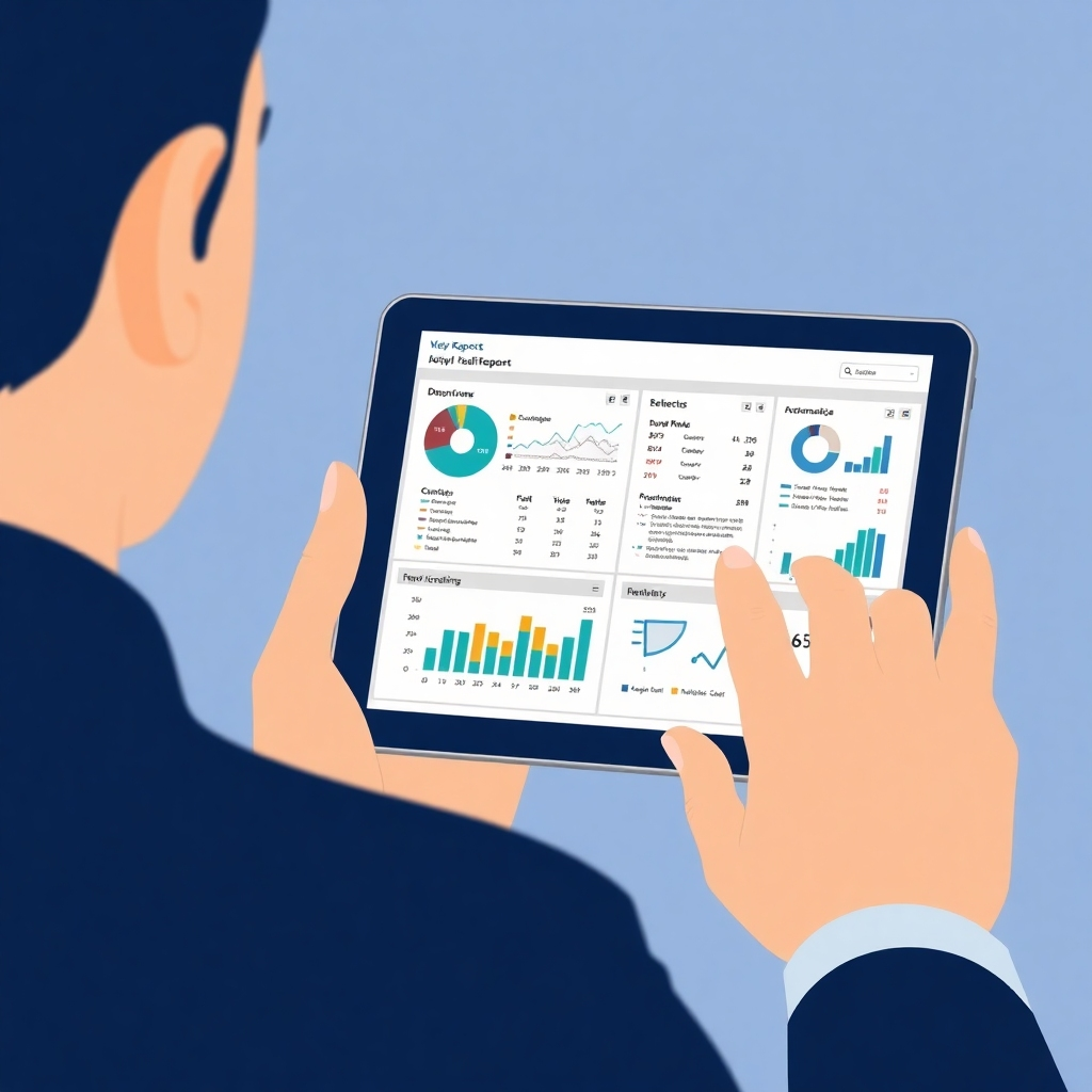 Create an image depicting a user viewing a well-organized report on a modern device. The report should clearly present key statistics and insights in a visually appealing manner. Use a color scheme of dark blue and gray to project professionalism. Style references: Business intelligence dashboards, modern report interfaces. The image should visually show a clear, insightful policy report, complementing the description.