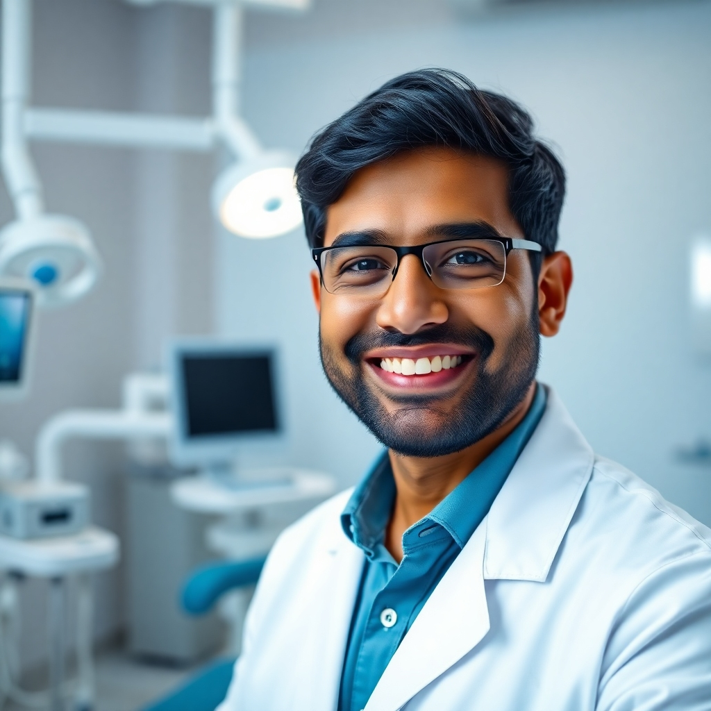 Create an ultra-high-resolution (8K) photorealistic image showcasing Dr. Prashanth Marka, a leading dental doctor from India. The scene should be a modern, state-of-the-art dental clinic. Dr. Marka is smiling warmly and confidently at the camera. He should be wearing professional attire (white coat). The background should be softly blurred with gleaming dental equipment visible, hinting at advanced technology. The lighting is soft, diffused, and natural, creating a welcoming and trustworthy atmosphere. The color palette consists of clean whites, calming blues, and subtle greens, conveying hygiene and serenity. The camera angle is a medium close-up, capturing Dr. Marka's friendly expression and the details of his professional appearance. Focus on textures like the crispness of his coat and the gleam of the dental instruments. The environment should be meticulously clean and sterile. Style: Professional, modern, and trustworthy. Hyperrealistic detail is essential for achieving a truly believable image.