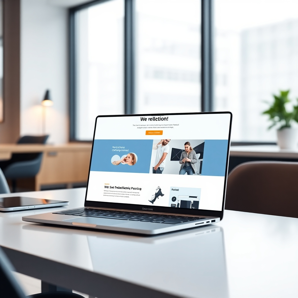 Generate a photorealistic image of a clean, modern website design displayed on a high-end laptop, sitting on a stylish desk in a modern office. Focus on clarity and user-friendliness.