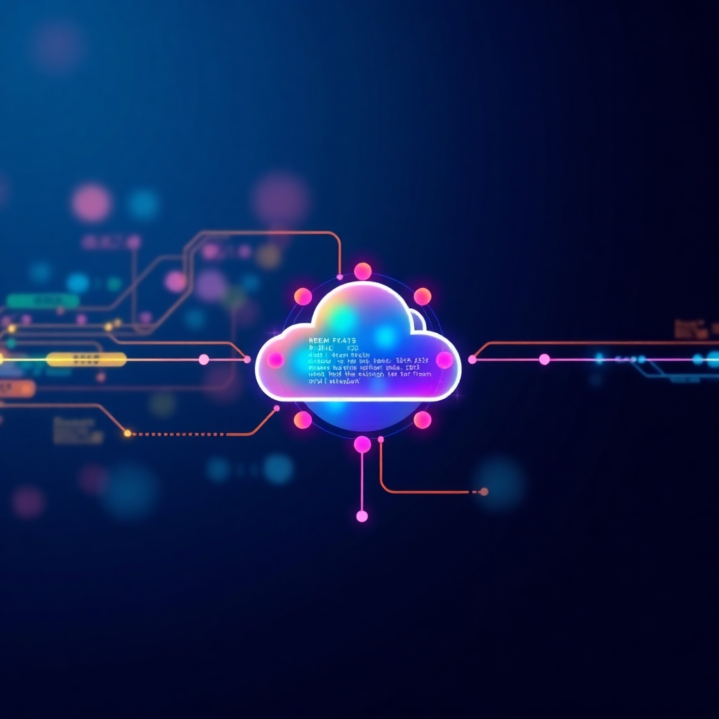 Image depicting a smooth and seamless data synchronization. Show data flowing into a central hub and updating relevant policy information. Use an abstract visualization with bright, dynamic colors. Style references: data visualization, cloud computing, data synchronization. The image should complement the description by emphasizing speed, accuracy, and the streamlined nature of policy updates.