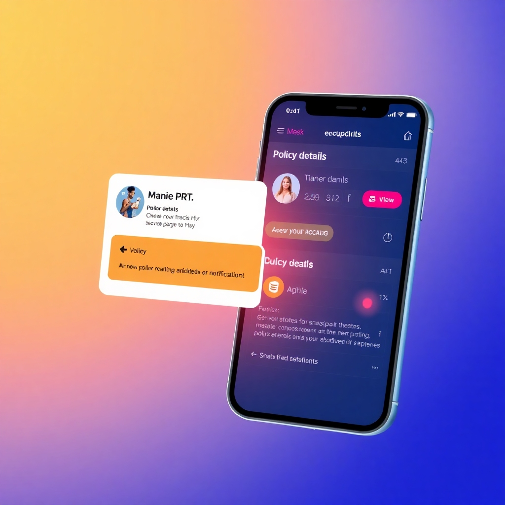 Image depicting real-time updates within the app. Show policy details dynamically updating with smooth animations and visual cues. Bright, contrasting colors that communicate responsiveness. Style references: modern data dashboards, notification systems. The image must visually express quick and automatic policy updates.