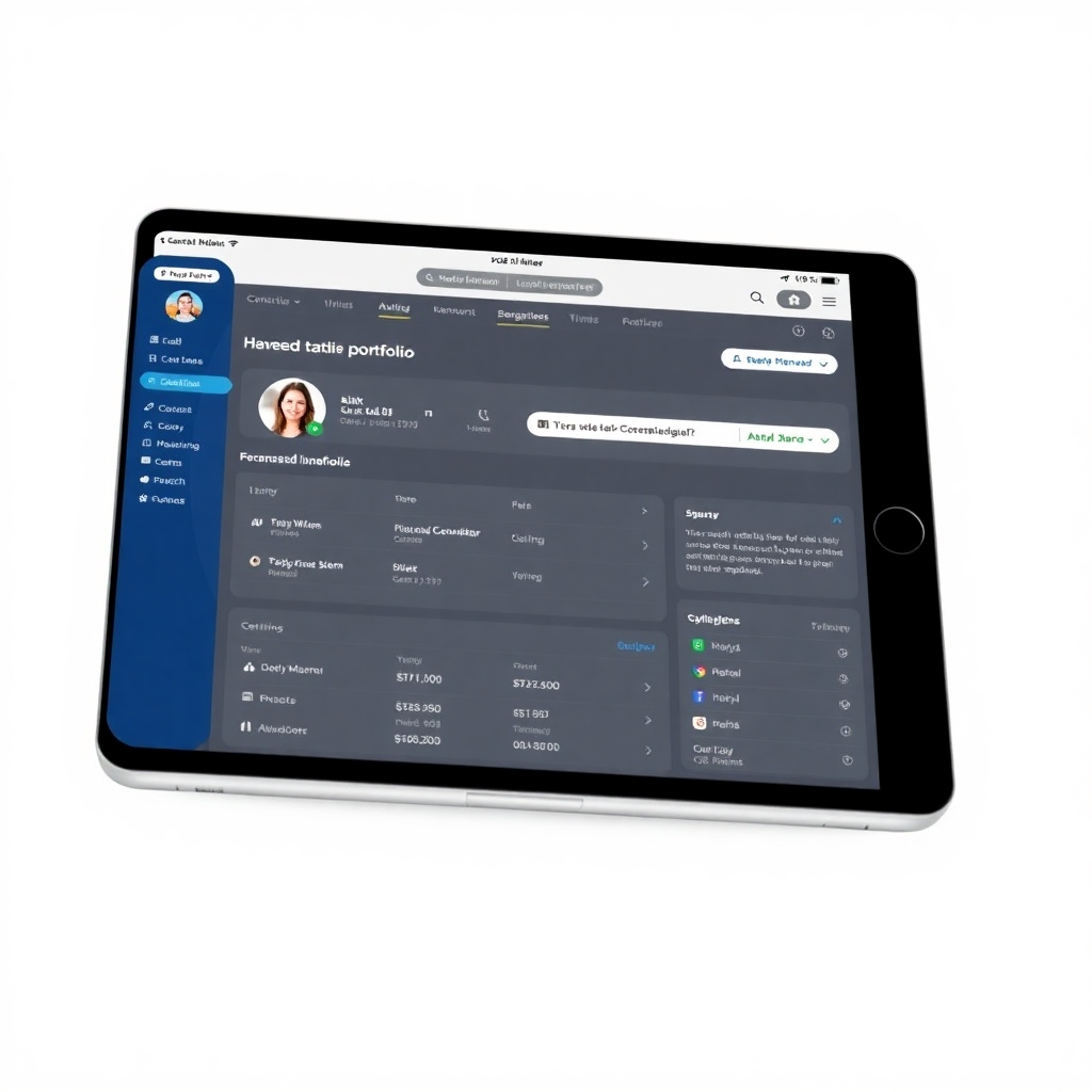 Image of a tablet displaying a neatly organized client portfolio with personalized client details. Use a calming and clean design. Style references: financial planning apps, portfolio management apps. The image should visually show clear, organized client information.